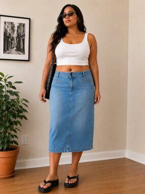 Vintage 2007 Old Navy Ultra Low Rise Denim Midi Skirt Size 20 Y2K